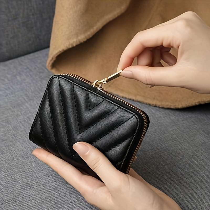 Elegant Black Zipper Wallet With Quilted Designlarge Capacity Multiple Card Slots Coin Poc