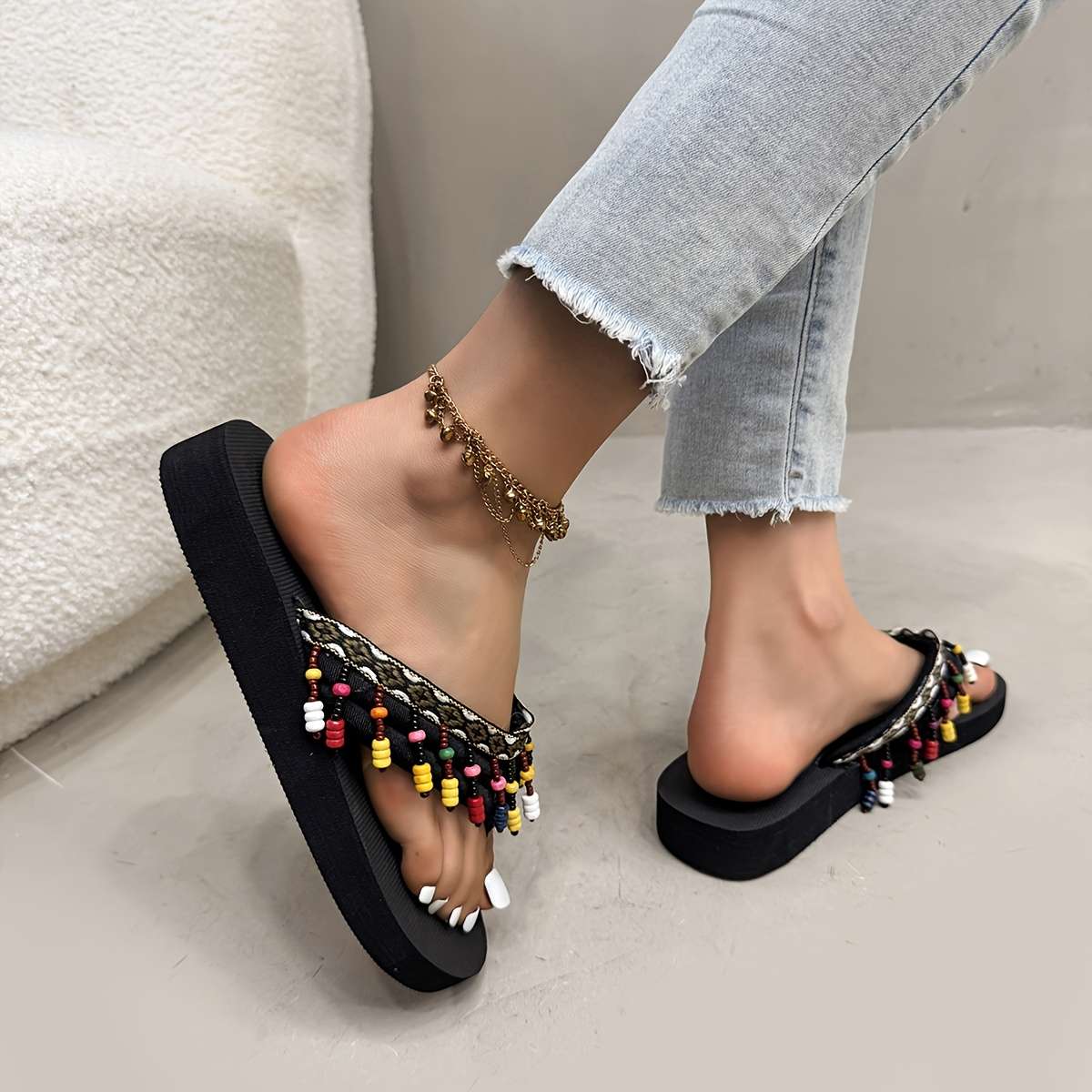 Ladies Summer Flip Flops Long Bead Uk 7