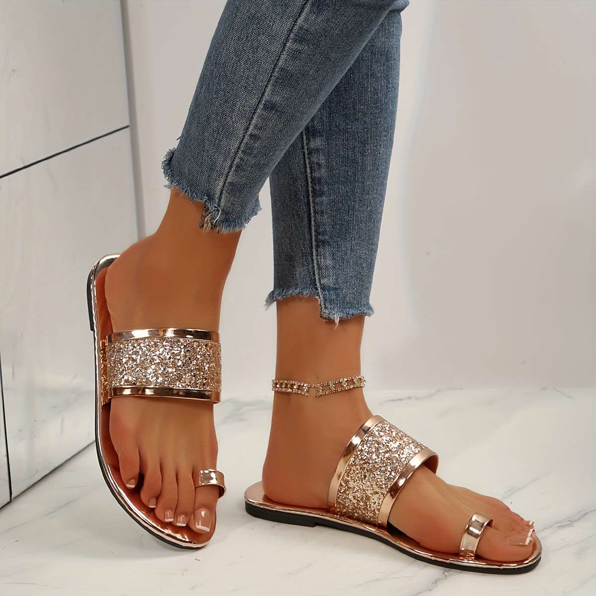 Ladies Summer Flip Flops Light Gold Uk 7.5