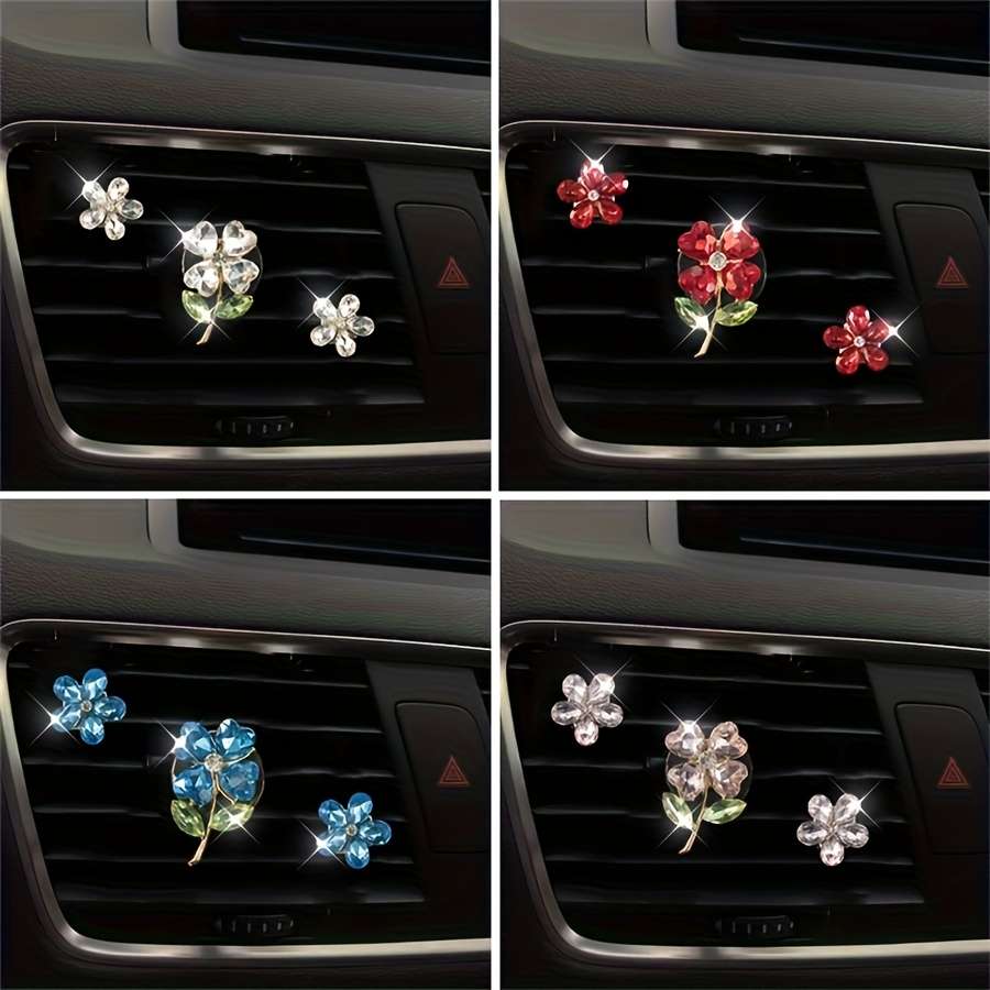 Car Interior Decor Items 3 Pieces Of Bright Red Four Leaf Flower  Add  Two Crystal Flowers