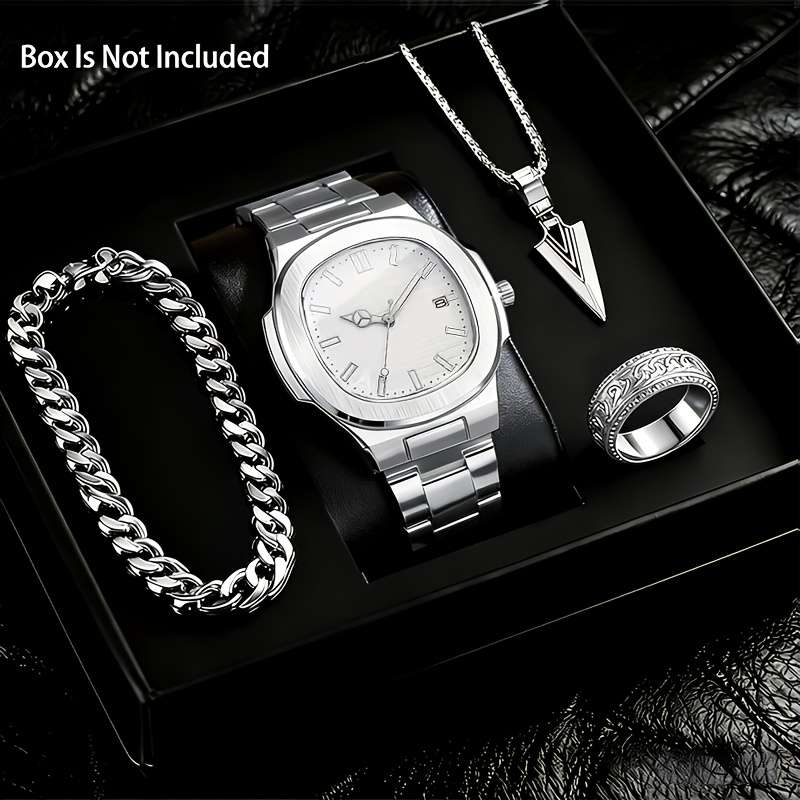 4Pcs Premium Fashion New Men Luxury Quartz Watch Square Dial With