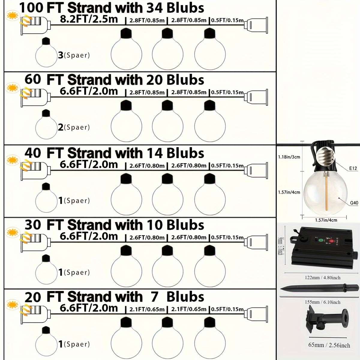 String Lights Size 20Ft 6.1M 7 1Bulbs  Solar