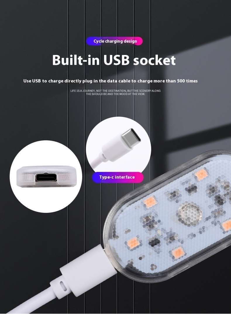 1pc Touch-Controlled LED Car Ambient Light USB Rechargeable 5V Non-Waterproof Interi