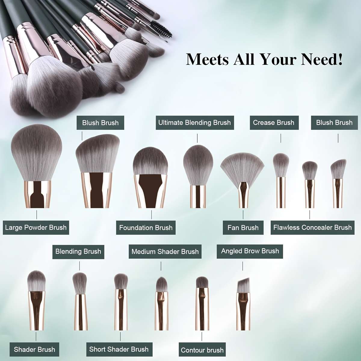 Makeup Brush Set Color Green  2 Black Powder Puffs