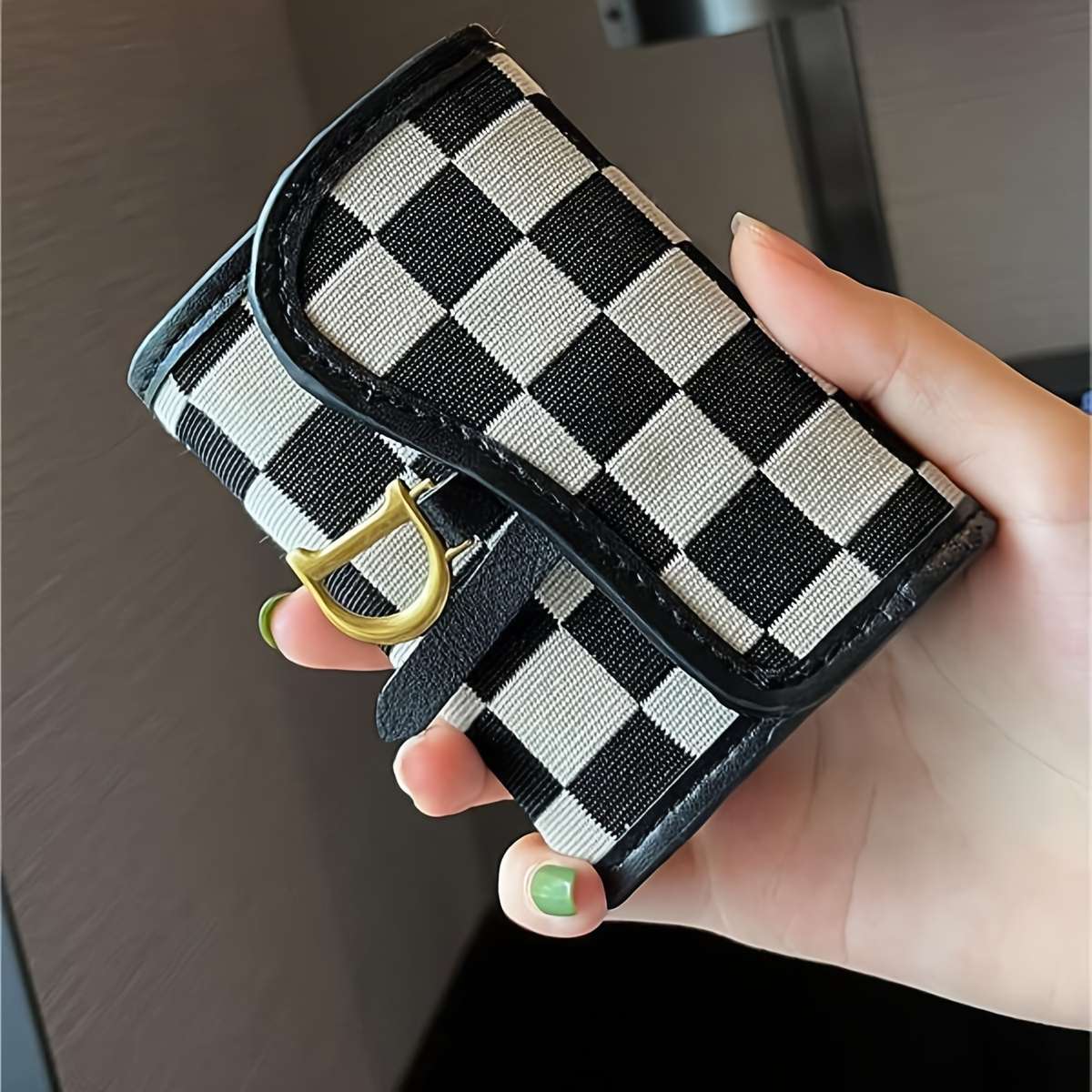 Casual Style Plaid Coin Purse Multi-Card Holder With Snap Closure Polyester Lined Fashionabl