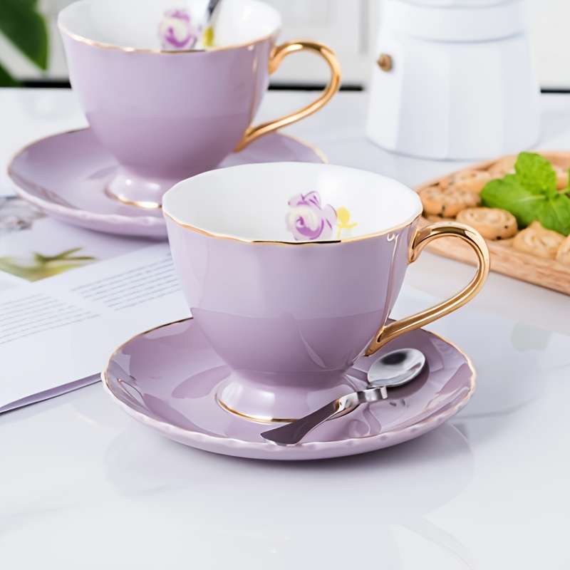 Water Cup Color 2 Cups 2 Saucers 2 Spoons In Purple