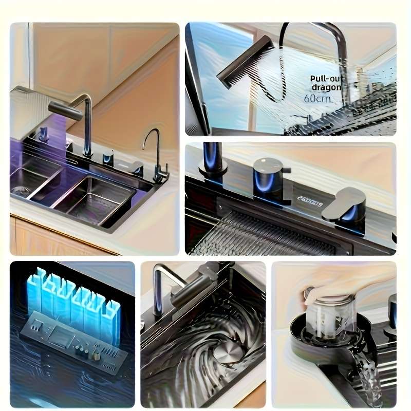 Smart Digital Display Stainless Steel Kitchen Sink With Pull Out Faucet