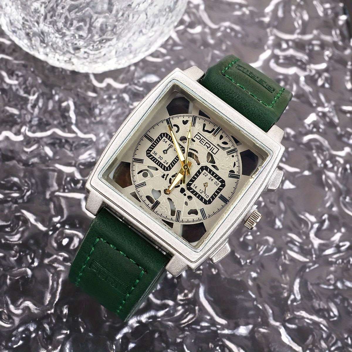 Men Quartz Watch Featuring Square Silvery Case With Hollow Design
