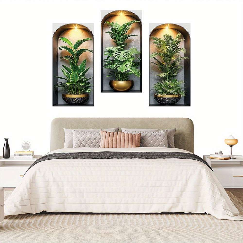 3Pcs Stylish Modern Arched Wall Hanging Plant Stickers Tropical Palm Living