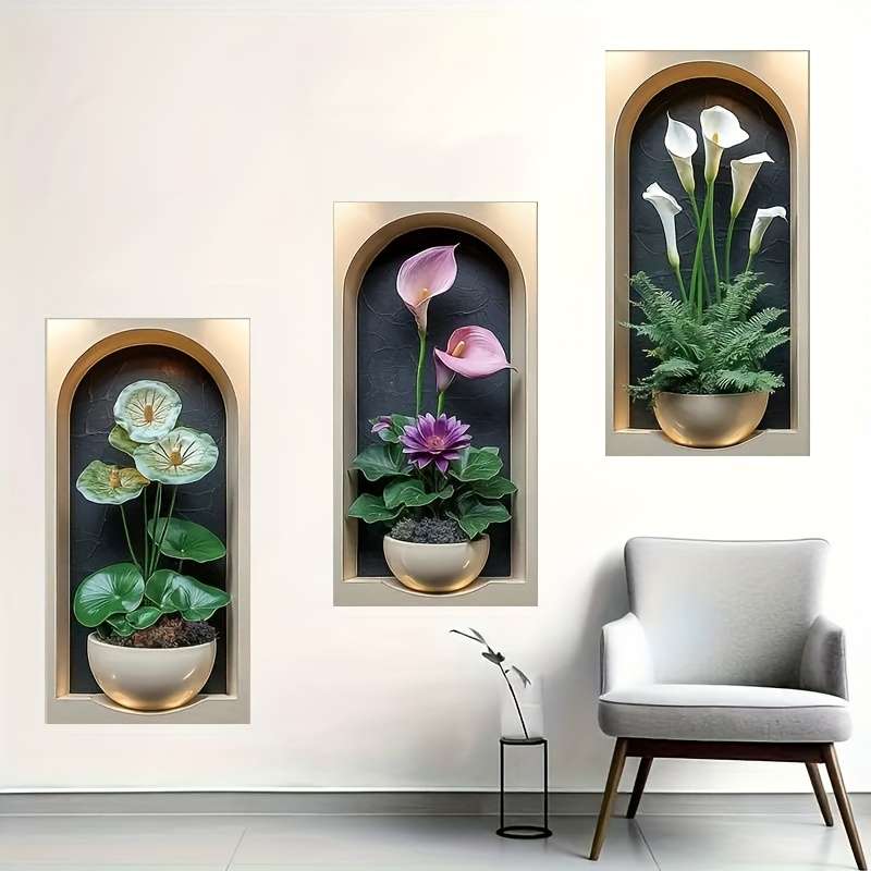 3Pcs Durable Green Plant And Floral Bonsai Art Set Wall Interior Design