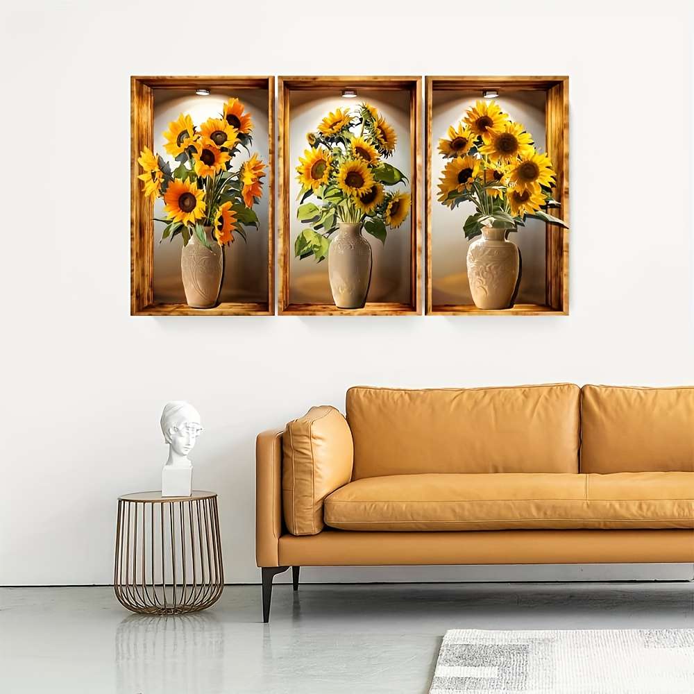 3PCS Vintage Oil Resistant Sunflower Vase Stereoscopic Effect Wall Sticker