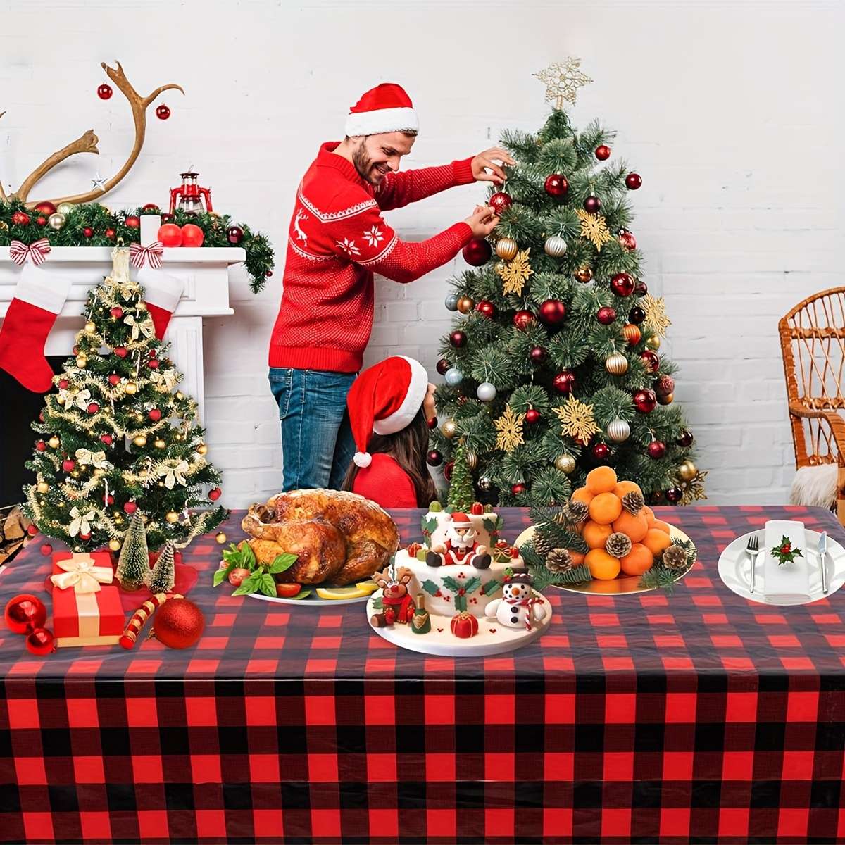 Christmas Tablecloth Color Red And Black Plaid Quantity 3Pcs