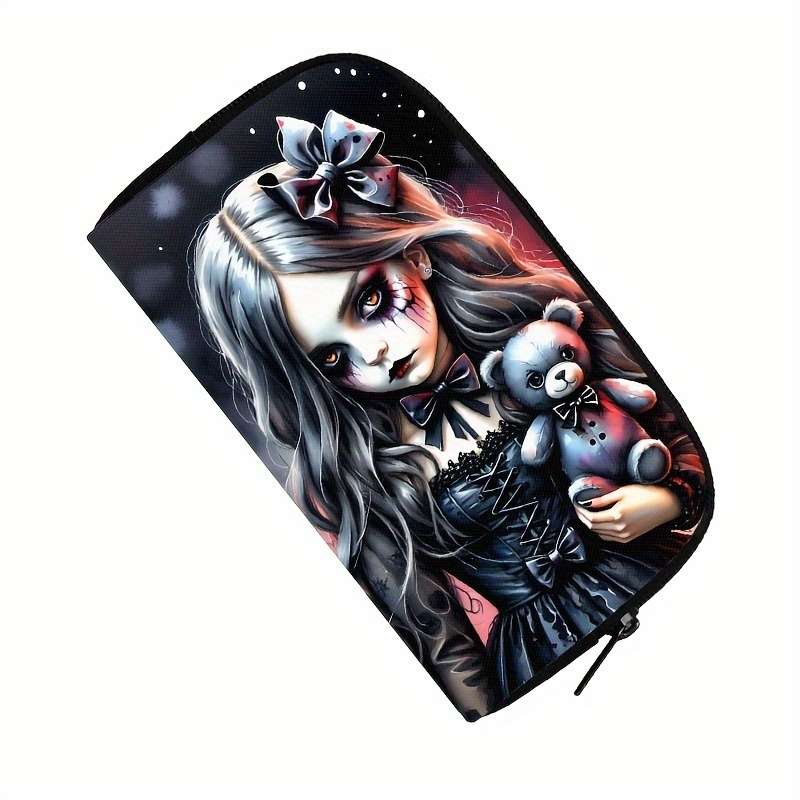 Chic Gothic Women Bear Doll Print Walletstylish Polyester Clutch With Zipper Ideal