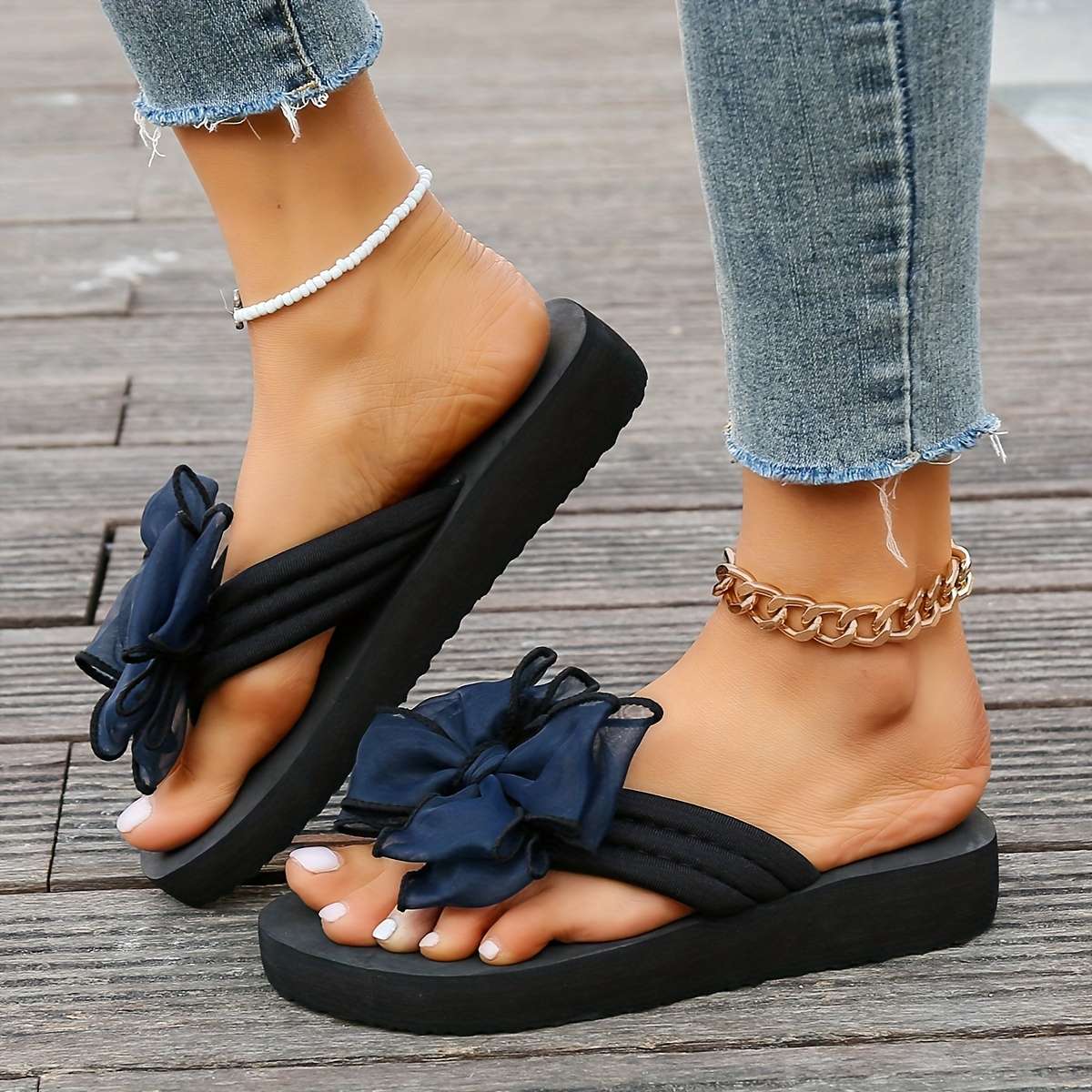 Ladies Summer Flip Flops Navy Blue Uk 6