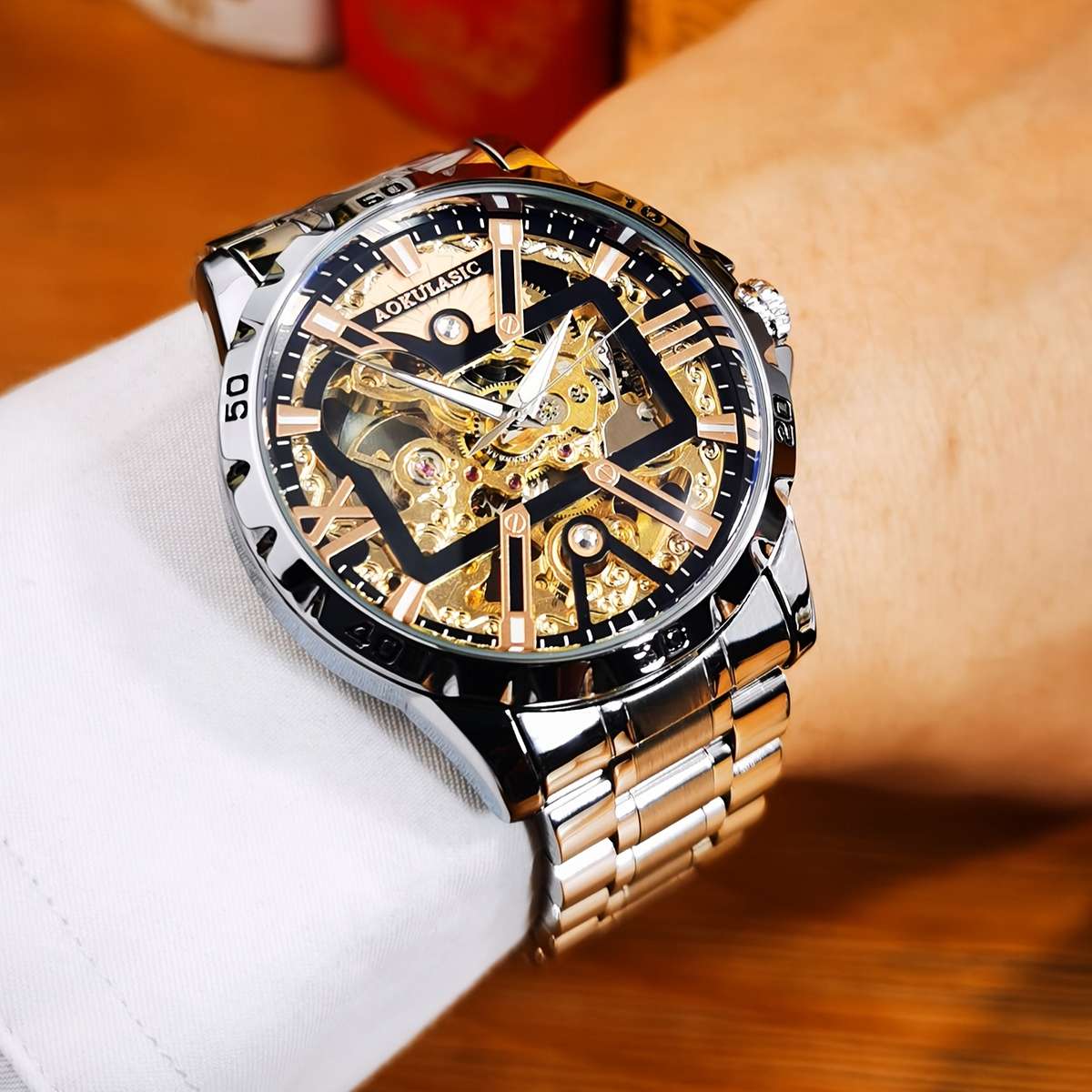 Mens Sporty Barrel Shaped Hollow Automatic Mechanical Watch Without
