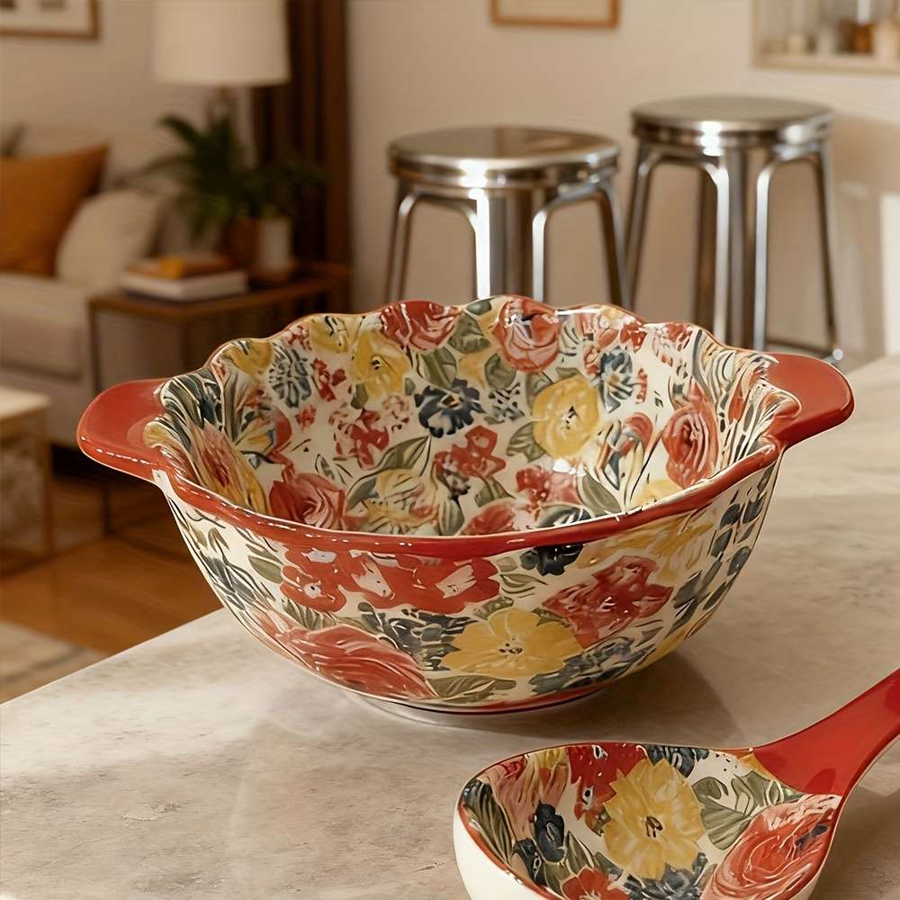 Bowl Style Peony Flower  9.5Inch Doublehandled Soup Bowl