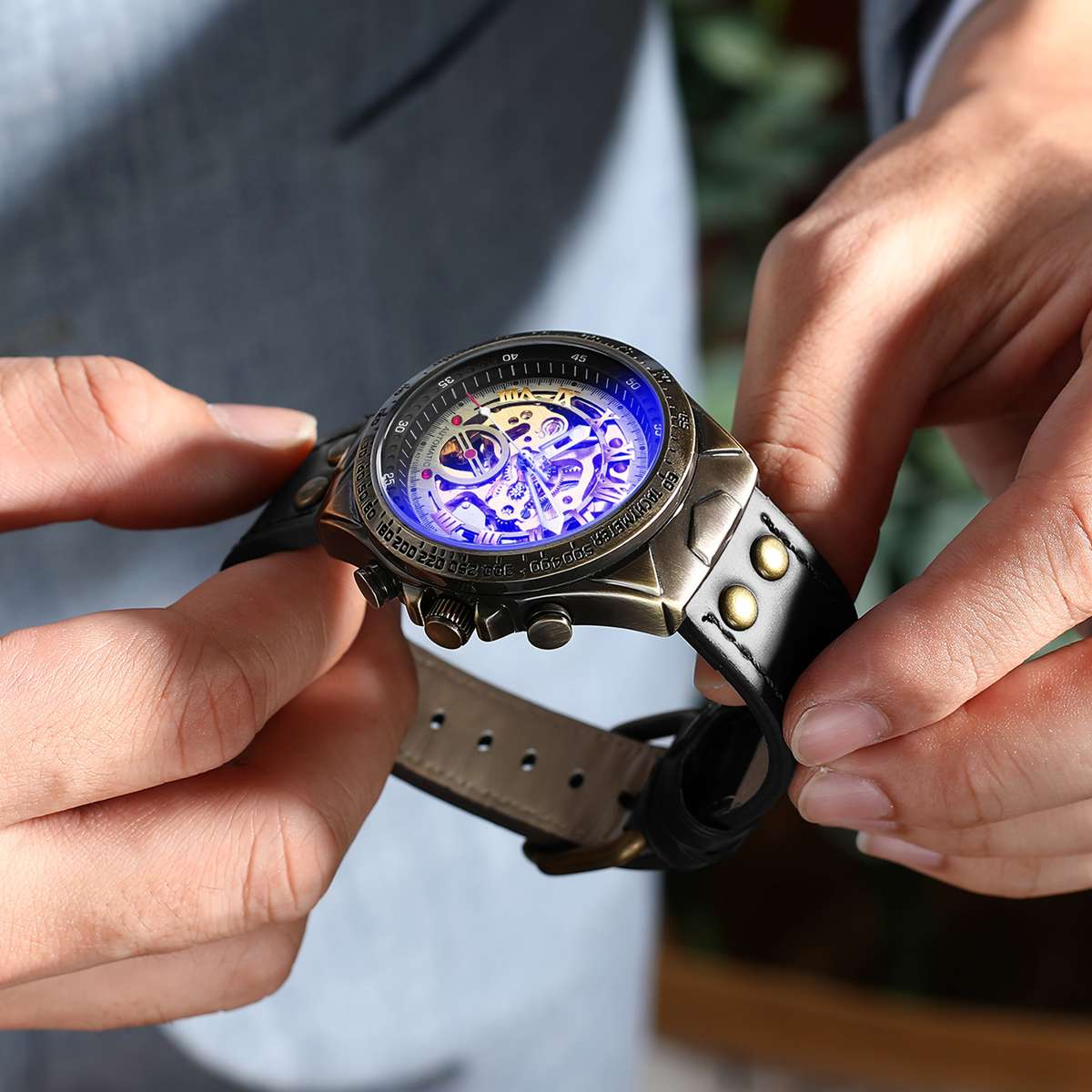 Family Casual Men Fully Automatic Mechanical Wristwatch Double Sided Skeleton