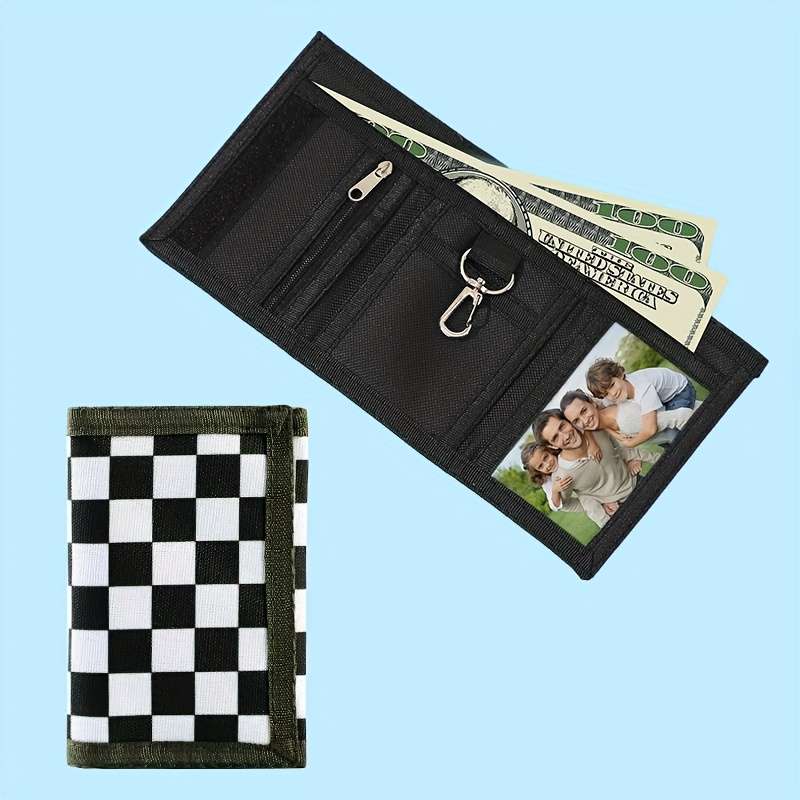 Three-Fold Camouflage Wallet With Keychain Black And White Plaid Design Small Foldable Coin B