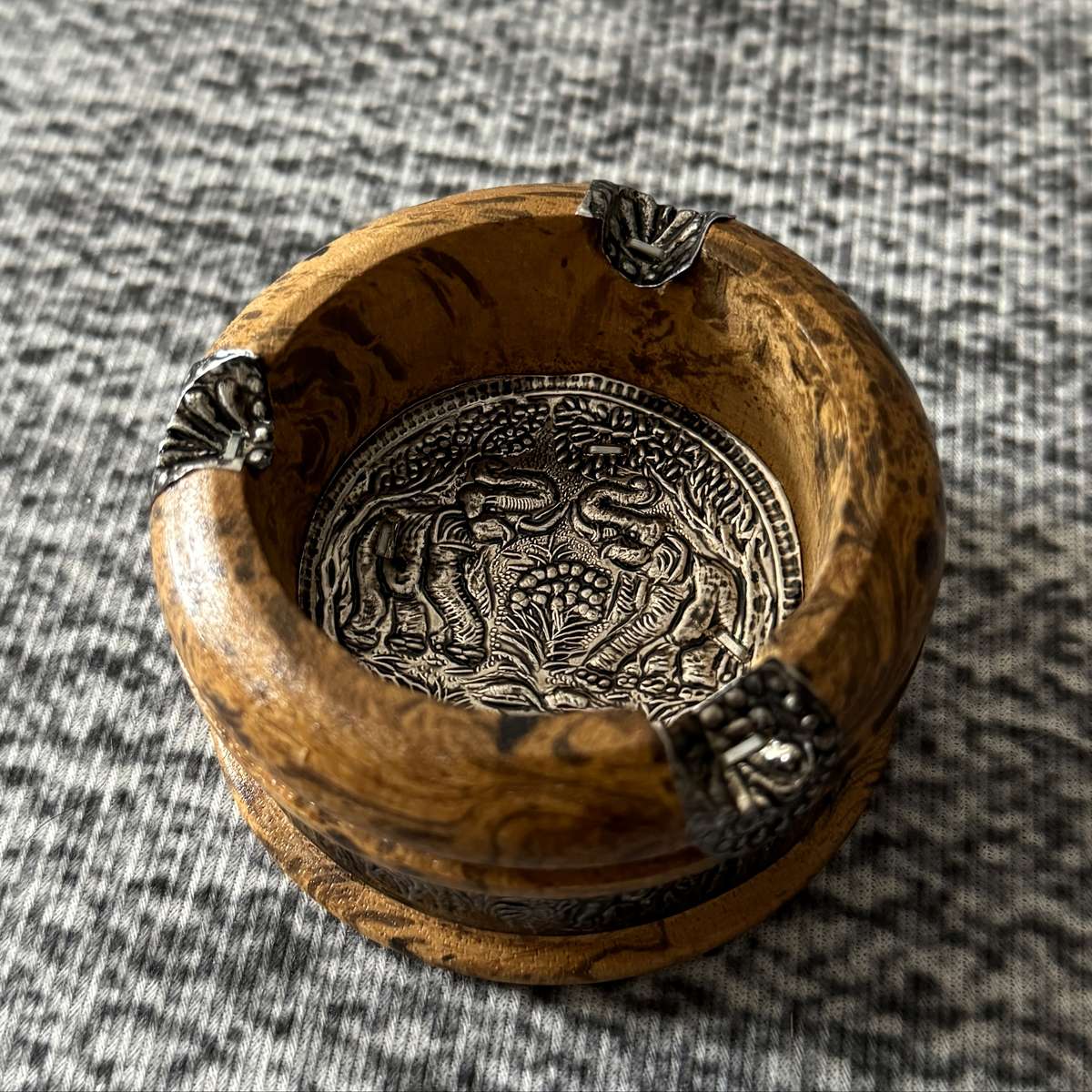 Vintage Wooden Ashtray With Metal Accent Elegant Retro Accessory Suitable Round