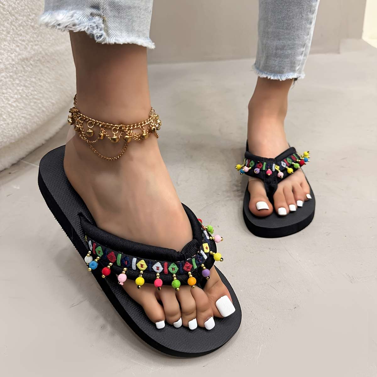 Ladies Summer Flip Flops Long Bead Uk 7