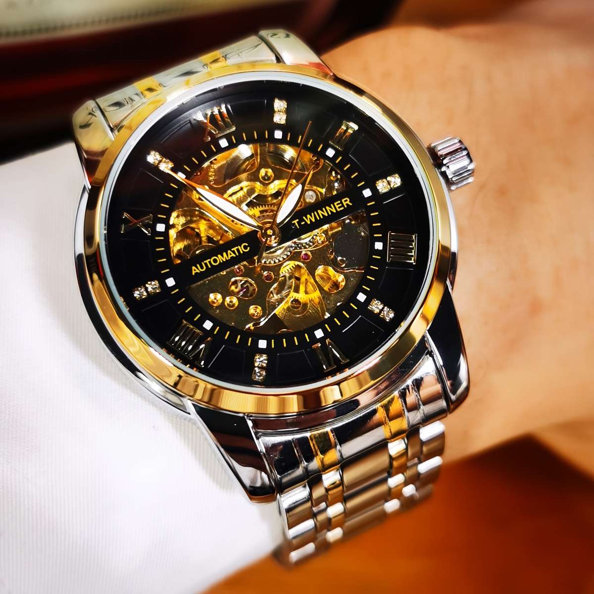 Luxury Men Luxury Golden Skeleton Automatic Mechanical Watch Luminous