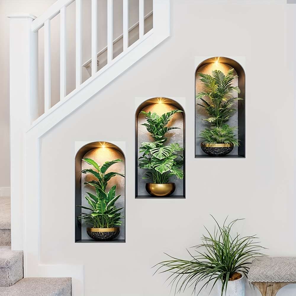 3Pcs Stylish Modern Arched Wall Hanging Plant Stickers Tropical Palm Living