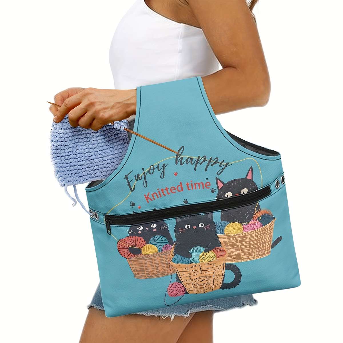 Cute Cat Crochet Yarn Storage Bag Blue