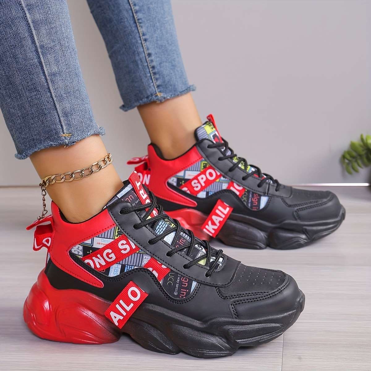 Women S Sneakers Color Blackred Sizeuk 4