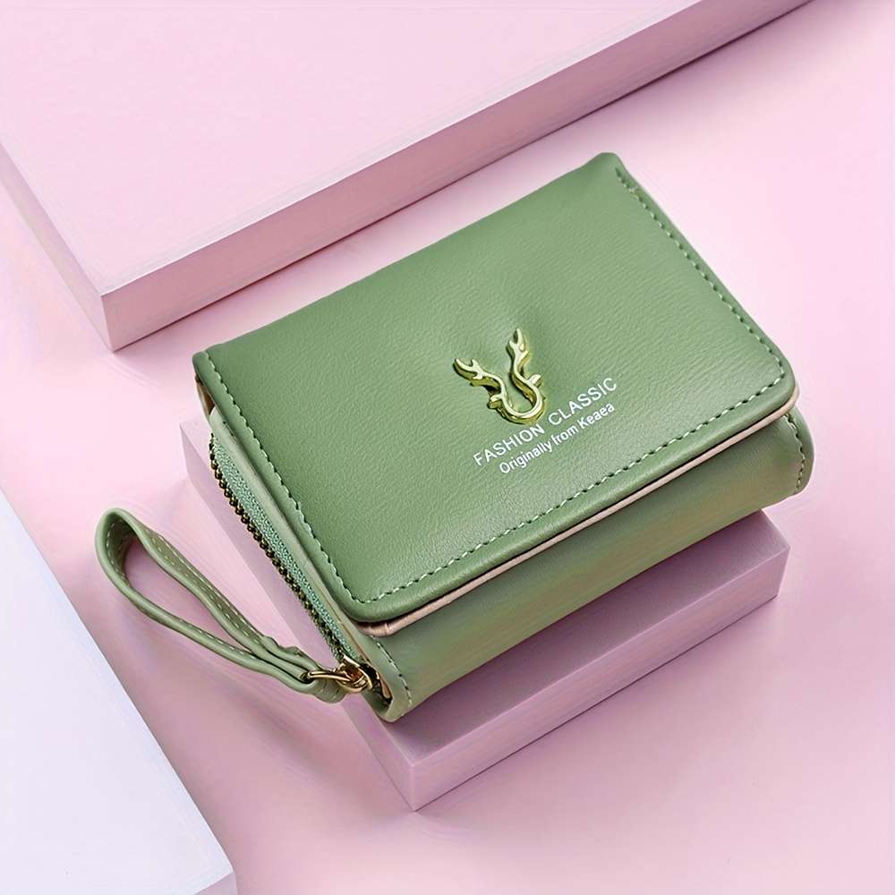 Compact Women'S Wallet With A Short Zipper Featuring Three Folds And Ample Space Designed Wit