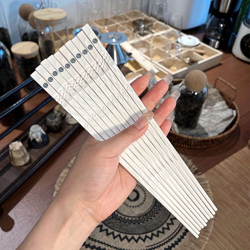 Chopsticks Style White Silvery Carved Chopsticks 5 Pairs