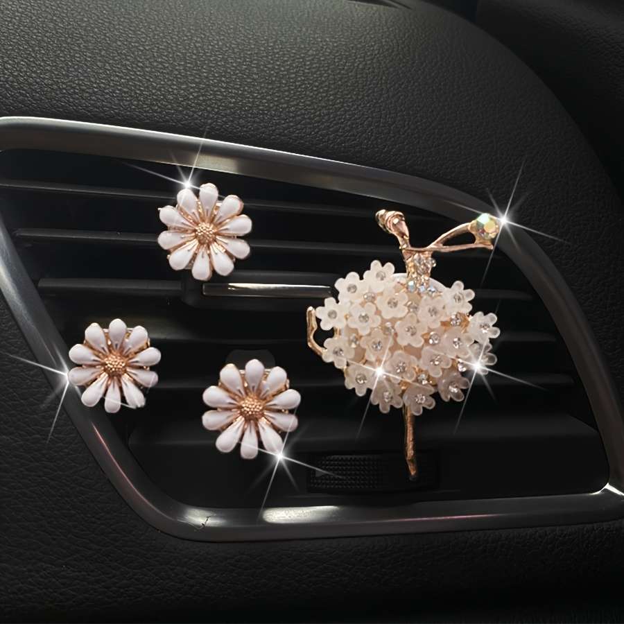 Car Interior Decor Items 4Pcs Pink Girl  Add  Three Daisies