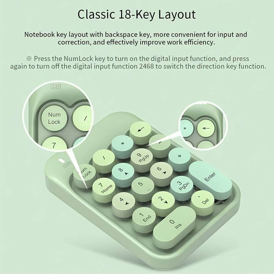 keyboard Model AK18 Wireless Numeric Keyboard Green Mixed Color