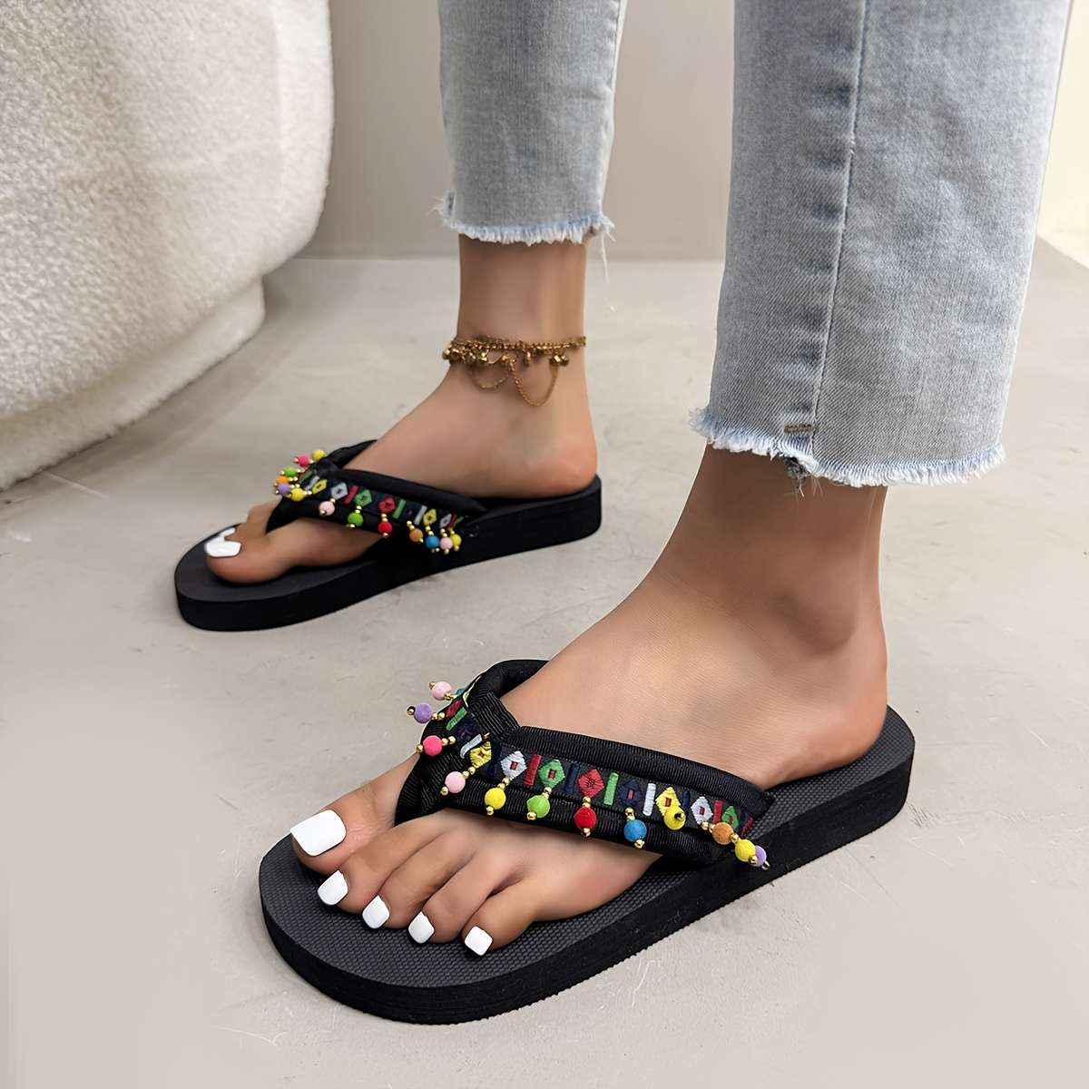 Ladies Summer Flip Flops Long Bead Uk 7