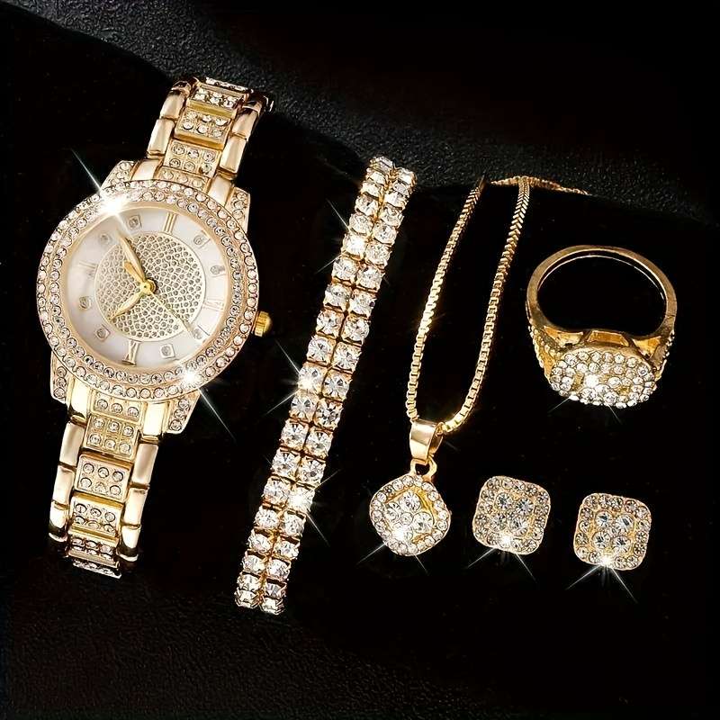 7Pcs Professional Round Rhinestone Quartz Watch Alloy Strap Hands Dial Set E