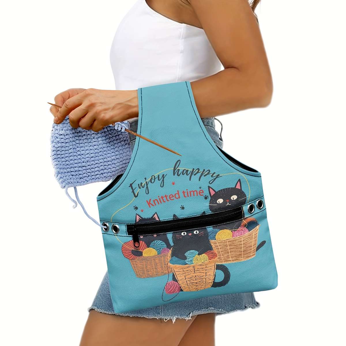 Cute Cat Crochet Yarn Storage Bag Blue