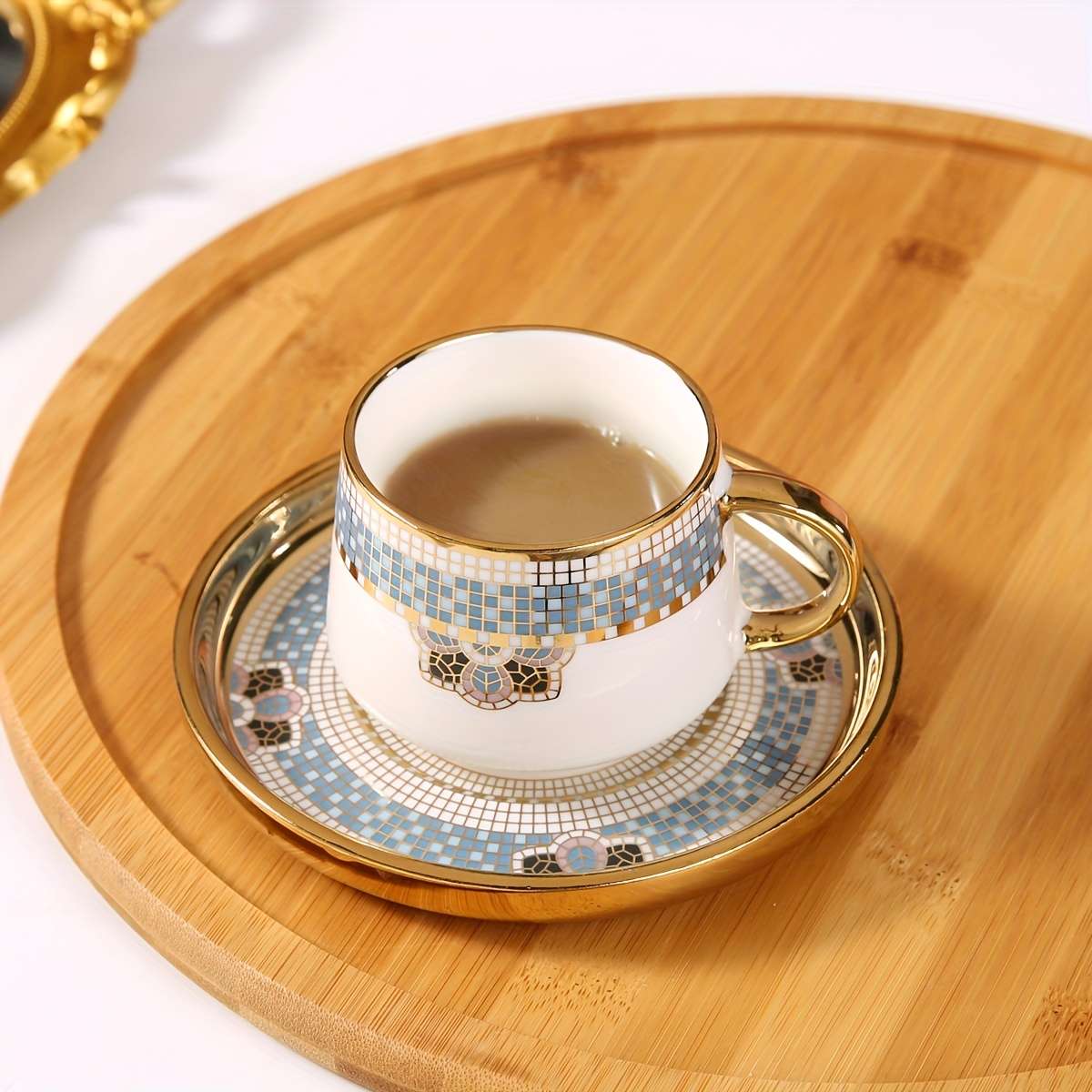 Water Cup Capacity 170Ml 574Oz Gold Rimmed Checkered 6 Cup Saucer