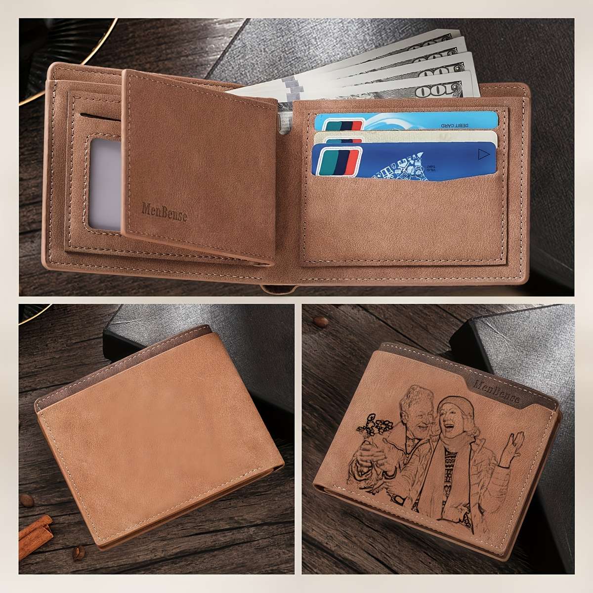 Vintage Style Custom Photo Wallet Personalized Engraved Picture Name With Zipper Closur