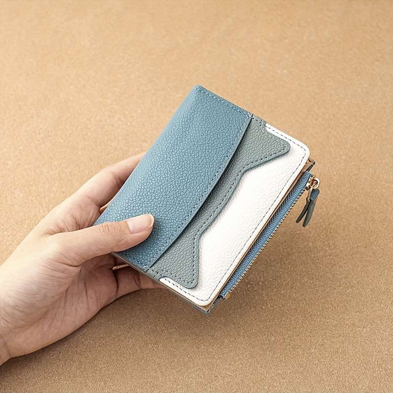 Litchi Texture Wallet Women'S Short Bifold Purse Creative Zipper Multicolor Patchwork Coin