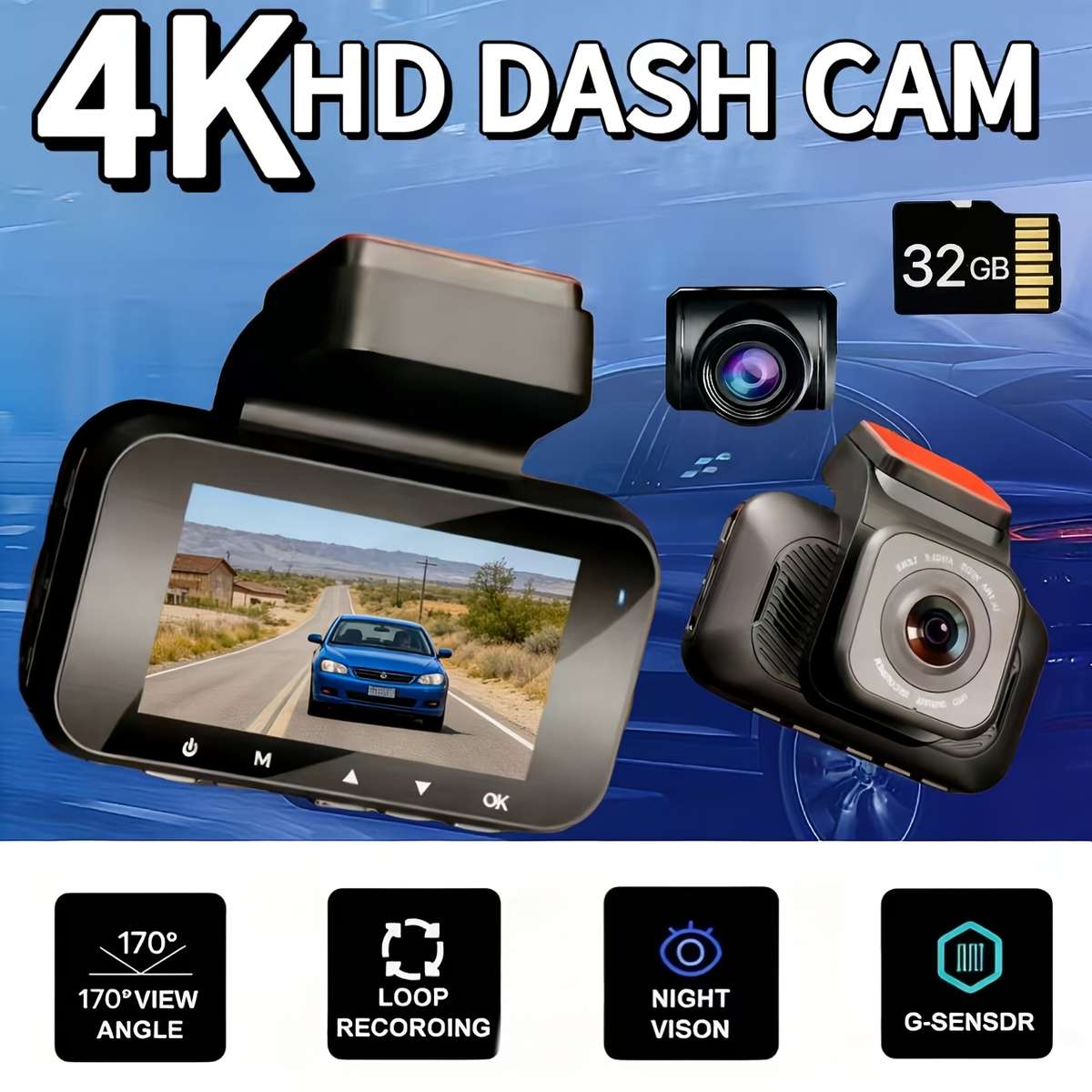 Dashcam Model 2026 Enhanced Edition 4K Dual-Channel Recorder  Add  32G