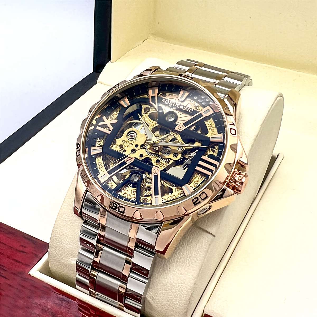 Mens Sporty Barrel Shaped Hollow Automatic Mechanical Watch Without