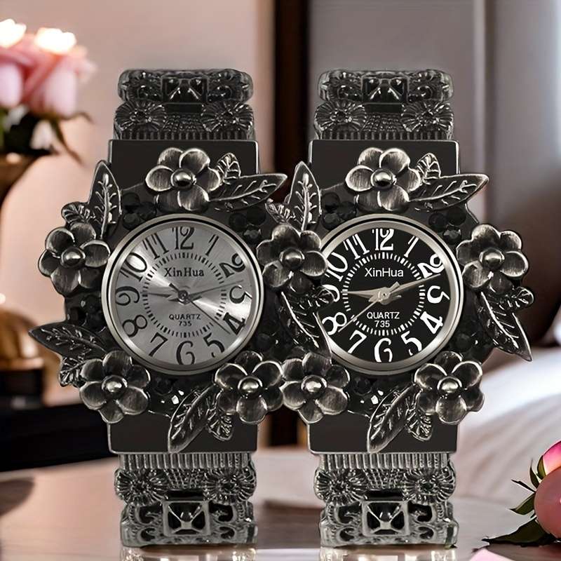 Vintage Women Bracelet Watch 3D Floral Leaf Quartz Wristwatch Black
