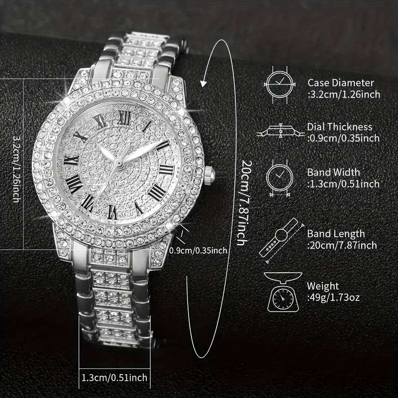7Pcs Professional Round Rhinestone Quartz Watch Alloy Strap Hands Dial Set E