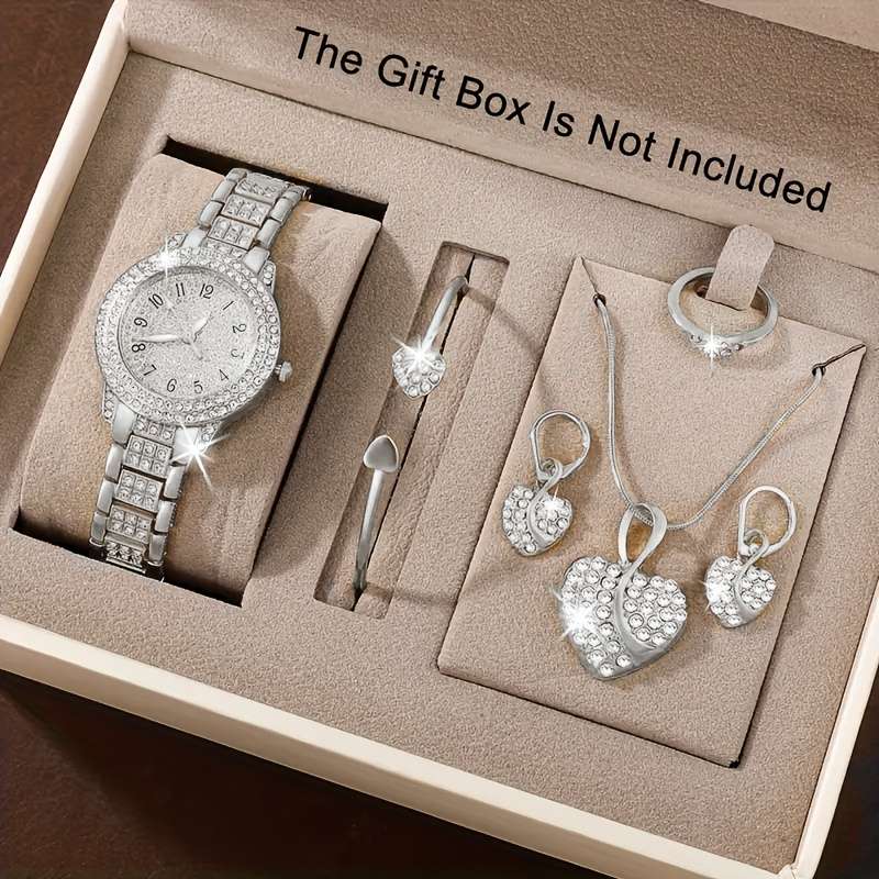 Classic Women Quartz Watch Simple Jewelry 1864 Silvery Set 6 Piece Womens