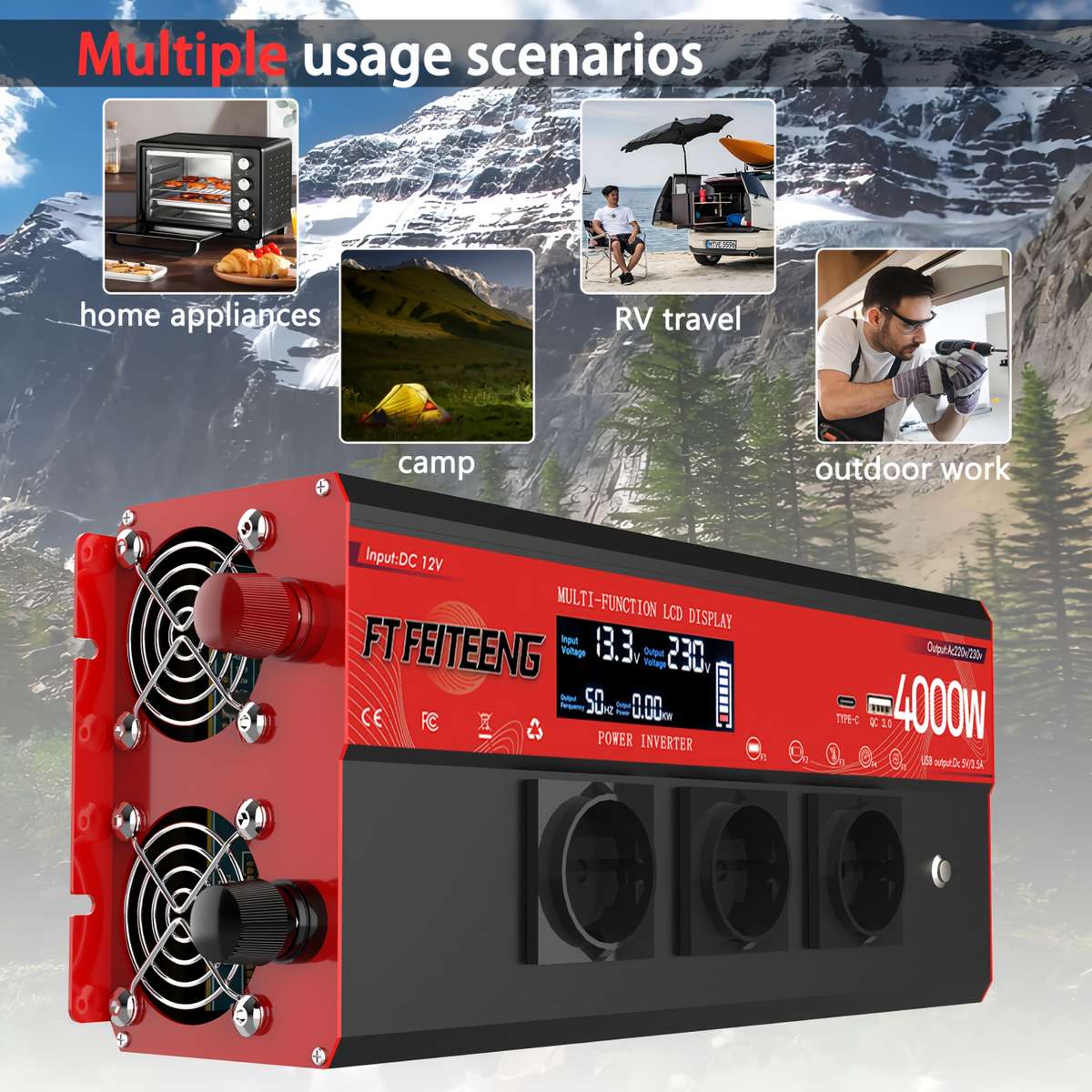 Versatile 4000W Power Inverter 12V 220V 230V Suitable For For Road Trip 4000W