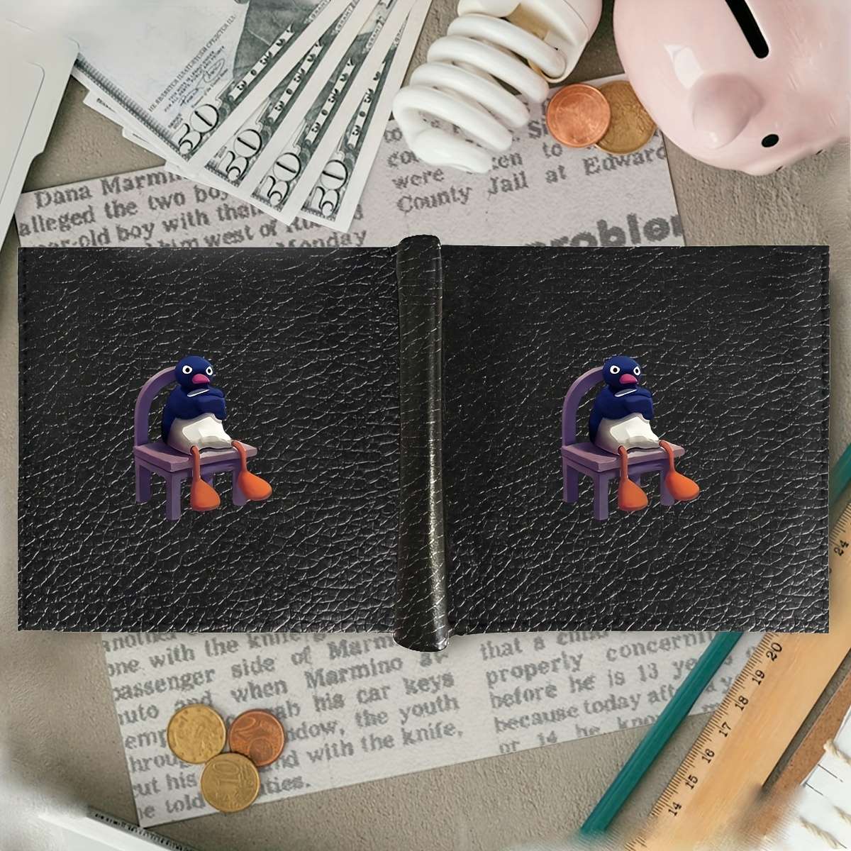 Black Faux Leather Penguin Wallet Casual Style Solid Color With Crocodile Pattern Multi