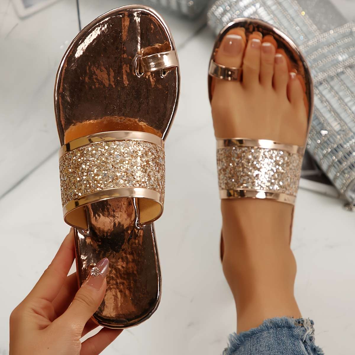 Ladies Summer Flip Flops Light Gold Uk 7.5
