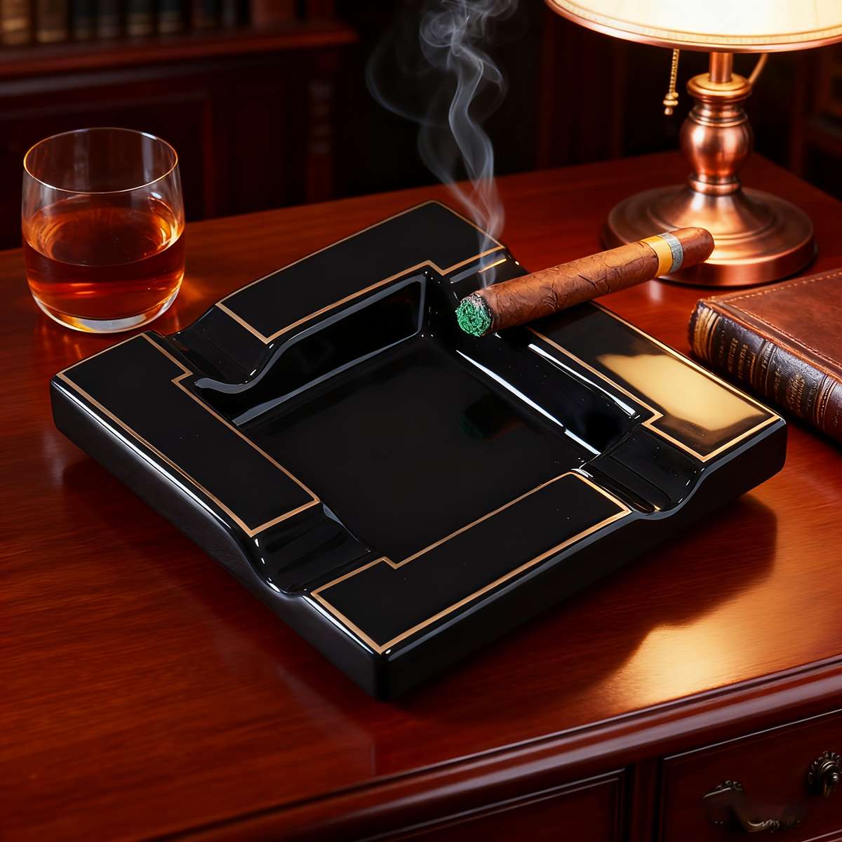 Heavy Duty Luxury Black Golden Ceramic Ashtray With Smoke Slot Design Black