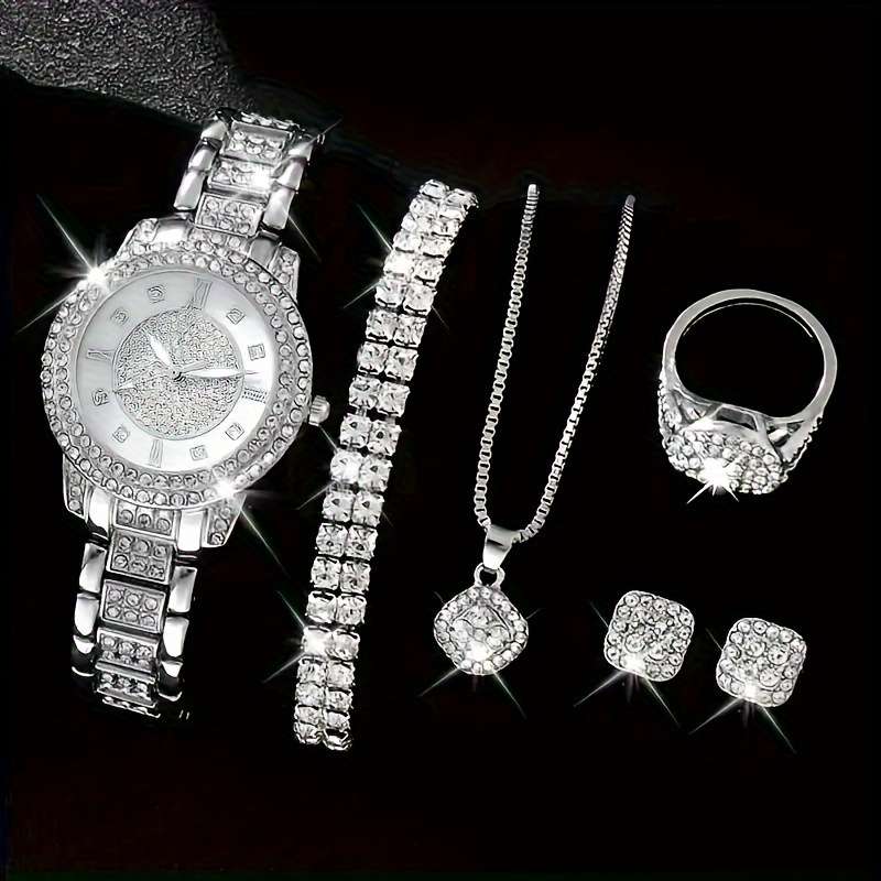 7Pcs Professional Round Rhinestone Quartz Watch Alloy Strap Hands Dial Set E