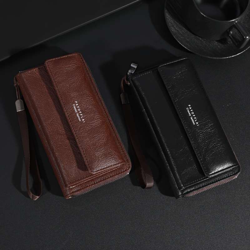 1pc Premium Men's Wallet with Double-Layer Zipper Card HolderClassic Brown Textured Design Sn