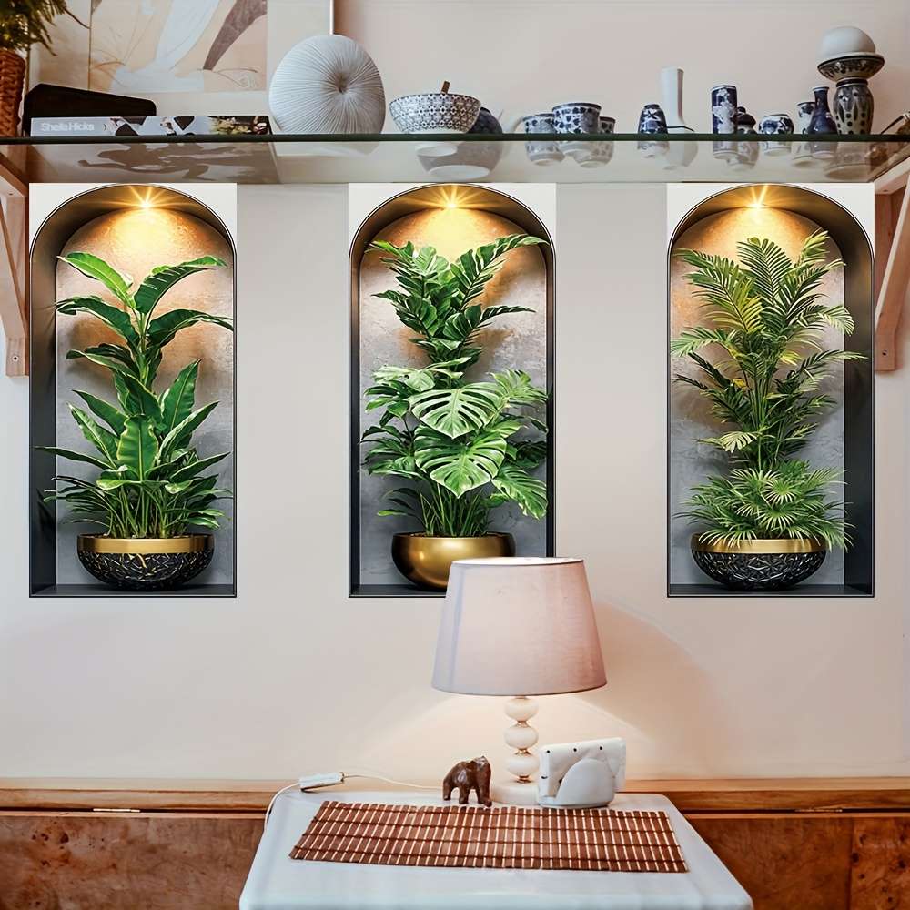 3Pcs Stylish Modern Arched Wall Hanging Plant Stickers Tropical Palm Living